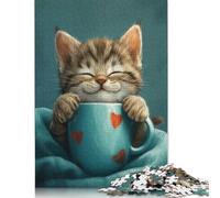 500 Pieces Jigsaw Puzzles for Adults Cute Grey Tabby Cat Coffee Square Wooden Puzzles Unique Piece Puzzle Educational Fun Games Toys 500pcs (52x38cm)