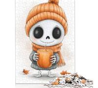 500 Pieces Jigsaw Puzzles for Adults Cute Skeleton with Pumpkin Spice Square Jigsaw Puzzles for Adults And Teenager, Wooden Puzzles Home Art Decor 500pcs (52x38cm)