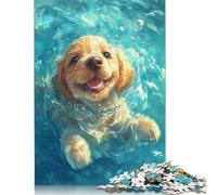 500 Pieces Jigsaw Puzzles for Adults Golden Retriever Puppy Swimming Square Wooden Puzzles Unique Piece Puzzle Educational Fun Games Toys 500pcs (52x38cm)