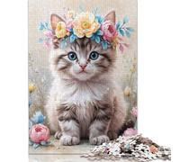 500 Pieces Jigsaw Puzzles for Adults Kitten with Flower Crown Watercolor Square Wooden Puzzles Unique Piece Puzzle Educational Fun Games Toys 500pcs (52x38cm)