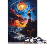 500 Pieces Jigsaw Puzzles for Adults Lighthouse Under Starry Sky Square Wooden Puzzles Unique Piece Puzzle Educational Fun Games Toys 500pcs (52x38cm)