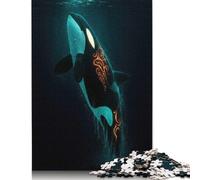 500 Pieces Jigsaw Puzzles for Adults Orca with Tribal Markings in Deep Sea Square Jigsaw Puzzles, for Adults And Teenager, Wooden Puzzles Home Art Decor 500pcs (52x38cm)