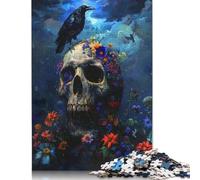 500 Pieces Jigsaw Puzzles for Adults Raven Skull Flowers Square Wooden Puzzles Unique Piece Puzzle Educational Fun Games Toys 500pcs (52x38cm)