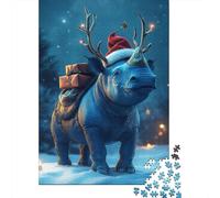 500 Pieces Jigsaw Puzzles for Adults Rhino Christmas Hat Jigsaw Wooden Creative Puzzles Impossible Puzzle Brain Challenge Puzzle for Teenagers 500pcs (52x38cm)