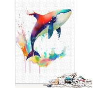 500 Pieces Jigsaw Puzzles for Adults Watercolor Whale Splashing Square Wooden Puzzles Unique Piece Puzzle Educational Fun Games Toys 500pcs (52x38cm)