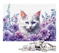 500 Pieces Jigsaw Puzzles for Adults White Cat Surrounded by Purple Flowers Square Wooden Puzzles Unique Piece Puzzle Educational Fun Games Toys 500pcs (52x38cm)