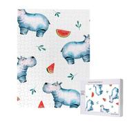 500 Pieces Jigsaw Puzzles Wooden Jigsaw Toy Family Game for Adults Teens,Watercolor Cute Hippo Watermelon