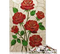 500 Pieces Jigsaw Stained Glass Red Roses Puzzle for Adults Woodenboard Puzzles Educational Games Home Decoration Puzzle 500pcs (52x38cm)
