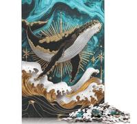 500 Pieces Majestic Whale in Golden Waves Jigsaw Square Puzzle for Adults Wooden Puzzles Unique Challenge Games 500pcs (52x38cm)