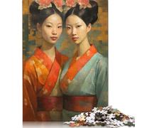 500 Pieces Painted Asian Twins Creative Square Jigsaw Puzzles for Adults & Wooden Puzzles Challenging Game 500pcs (52x38cm)