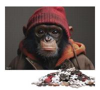500 Pieces Puzzles for Adults Chimp in Red Beanie Creative Square Jigsaw Puzzles for Adults, Wooden Puzzles Home Decoration Jigsaw Puzzles 500pcs (52x38cm)