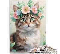 500 Pieces Puzzles for Adults Cute Cat with Flower Crown Watercolor Creative Square Jigsaw Puzzles for Adults, Wooden Puzzles Home Decoration Jigsaw Puzzles 500pcs (52x38cm)