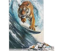 500 Pieces Puzzles for Adults Surfing Tiger Surfer Wave Square Puzzle for Adults & Wooden Puzzles Home Decor 500pcs (52x38cm)