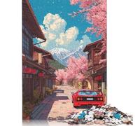 500 Pieces Red Car in Japanese Cherry Blossom Jigsaw Puzzles for Adults Wooden Puzzles for Adults Teenager Man Woman Gift 500pcs (52x38cm)