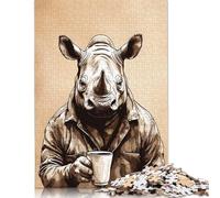 500 Pieces Rhino Animals Coffee for Adults Difficult Jigsaw Wooden Puzzle for Adults Christmas Eve Gifts 500pcs (52x38cm)