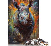 500 Pieces Rhino Painting Creative Square Jigsaw Puzzles for Adults & Wooden Puzzles Challenging Game 500pcs (52x38cm)