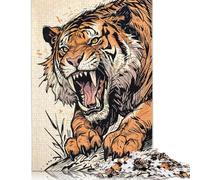 500 Pieces Roaring Sabertooth Tiger Illustration Jigsaw Puzzles Wooden Puzzles for Adults & Teenager Family Game for Adults And Teenagers 500pcs (52x38cm)