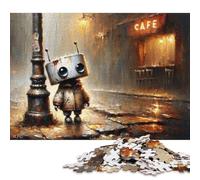 500 Pieces Sad Robot Rainy Night Jigsaw Puzzle Wooden Puzzle Adult Jigsaw Puzzle Sustainable Puzzle for Adults 500pcs (52x38cm)
