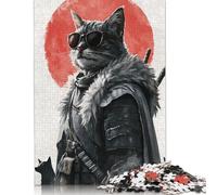 500 Pieces Samurai Cat with Sunglasses Jigsaw Square Puzzle for Adults Wooden Puzzles Unique Challenge Games 500pcs (52x38cm)