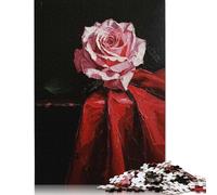 500 Pieces Single Pink Rose on Red Fabric for Adults Difficult Jigsaw Puzzles Puzzle Jigsaws for Adults Family Activity Jigsaw Puzzles 500pcs (52x38cm)
