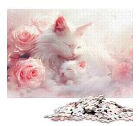 500 Pieces Sleeping White Cats And Pink Roses Square Jigsaw Puzzles for Adults And Wooden Puzzles 500pcs (52x38cm)