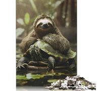 500 Pieces Sloth Chilling on Turtle Jigsaw Puzzle Wooden Puzzle Adult Jigsaw Puzzle Sustainable Puzzle for Adults 500pcs (52x38cm)
