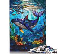 500 Pieces Stained Glass Whale Creative Square Jigsaw Puzzles for Adults & Wooden Puzzles Challenging Game 500pcs (52x38cm)