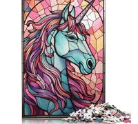 500 Pieces Unicorn Stained Glass Creative Square Jigsaw Puzzles for Adults & Wooden Puzzles Challenging Game 500pcs (52x38cm)