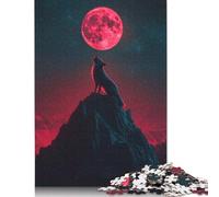 500 Pieces Wolf Howling at Blood Moon Jigsaw Square Puzzle for Adults Wooden Puzzles Unique Challenge Games 500pcs (52x38cm)