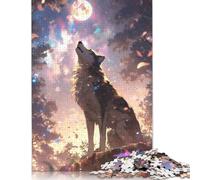 500 Pieces Wolf Howling at The Moon Jigsaw Puzzle Wooden Puzzle Adult Jigsaw Puzzle Sustainable Puzzle for Adults 500pcs (52x38cm)