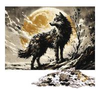 500 Pieces Wolf Under A Golden Moon Jigsaw Puzzle Wooden Puzzle Adult Jigsaw Puzzle Sustainable Puzzle for Adults 500pcs (52x38cm)