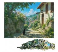 500 Pieces Wooden Jigsaw Puzzle for Adults, Anime Black Cat on Stone Steps | A hands-on home pastime - focused tabletop leisure in spare time.