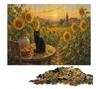 500 Pieces Wooden Jigsaw Puzzle for Adults, Black cat in a sunflower field | Gift for puzzle lovers with indoor weekend activity.