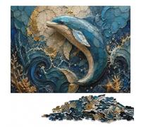 500 Pieces Wooden Jigsaw Puzzle for Adults, Blue and Gold Dolphin Art | Jigsaw Puzzle - holiday gift for puzzle fans with home hobby for puzzle fans.