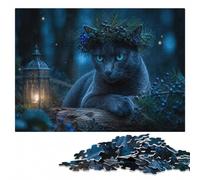 500 Pieces Wooden Jigsaw Puzzle for Adults, Blue Cat with Berry Wreath | A screen-free tabletop activity: focused tabletop leisure alone or together.