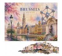 500 Pieces Wooden Jigsaw Puzzle for Adults, Brussels Belgium Travel Poster | Shared puzzle time - easier piece organisation at home.