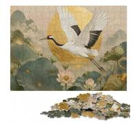 500 Pieces Wooden Jigsaw Puzzle for Adults, Crane flying over lotus pond | For home use: Jigsaw Puzzle Gift - border-first or section-first building options in spare time.