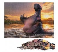 500 Pieces Wooden Jigsaw Puzzle for Adults, Hippopotamus in water on black | Image-area sorting - a simple way to organise the image on weekends.