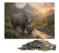 500 Pieces Wooden Jigsaw Puzzle for Adults, Serenity in the Wild Rhino | Jigsaw Puzzle: structured assembly from border to image details in spare time.