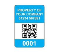 500 Serialised QR Code Asset Tag Labels Custom Stickers- Light Blue. 40mm x 28mm Permanent Vinyl Labels