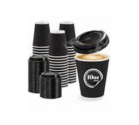 500 x 10oz Black Ripple Triple Wall Paper Cups with Black Lids - Disposable Hot Drink Coffee Cups for Tea, Coffee, Cappuccino, Latte, Espresso & Takeaway Use