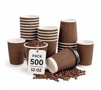 500 x 12oz Disposable Coffee Cups with Lids - Brown Ripple Triple Wall Insulated Paper Cups for Tea, Coffee & Hot Drinks, Brown
