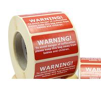 500 x 50mm x 25mm Suffocation Warning Labels for Cellophane Bags, Warning of Suffocation Safety Labels. (500 Labels)