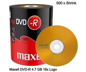 500 x Maxell DVD-R 16x Capacity 4.7GB Recordable 120 Min Blank DVD Discs Shrinks