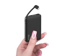 5000mAh Boxmo Mini Power Bank Lightweight Portable USB External Battery Charger with Built-In USB-C Cable Compatible/Replacement For iPhone Samsung Android Mobile Phone Pocket Size Compact (Black)