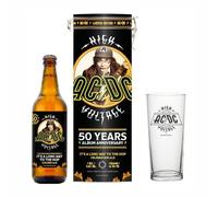 500ml AC/DC It’s a Long Way to the Hop Golden Ale (4.3% ABV), AC/DC Branded Glass and High Voltage 50th Anniversary collectable tin.