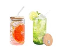 500ML Can Glass Cups,Transparent Drinking Glasses with Bamboo Lids and Straws, 2Pcs Beer Can Glass Tumbler Glasses Ice Coffee Cup for Beverage Clear Tumbler Cup for Juice,Smoothies,Cocktail Whiskey