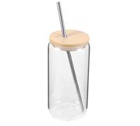 500ml Can Shaped Glass Cup with Bamboo Lid and Stainless Steel Straw | Suitable for Hot or Cold Drinks, Flat Bottom Stability, for Desk Use, Kitchen, Juice and Coffee