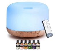 500ML Diffuser with 6 Essential Oils Set Ultrasonic Aromatherapy Air Humidifier Essential Oil Diffuser with Remote, Adjustable Mist Mode, Automatic Shut Off & 7 LED Lights for Home Office Spa AZULON