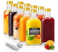 500ml Glass Flask Bottles with Gold Screw Caps, Labels and Pen - 10 Pack Reusable Empty Glass Bottles for Sloe Gin, Liqueur or Homemade Vinegar